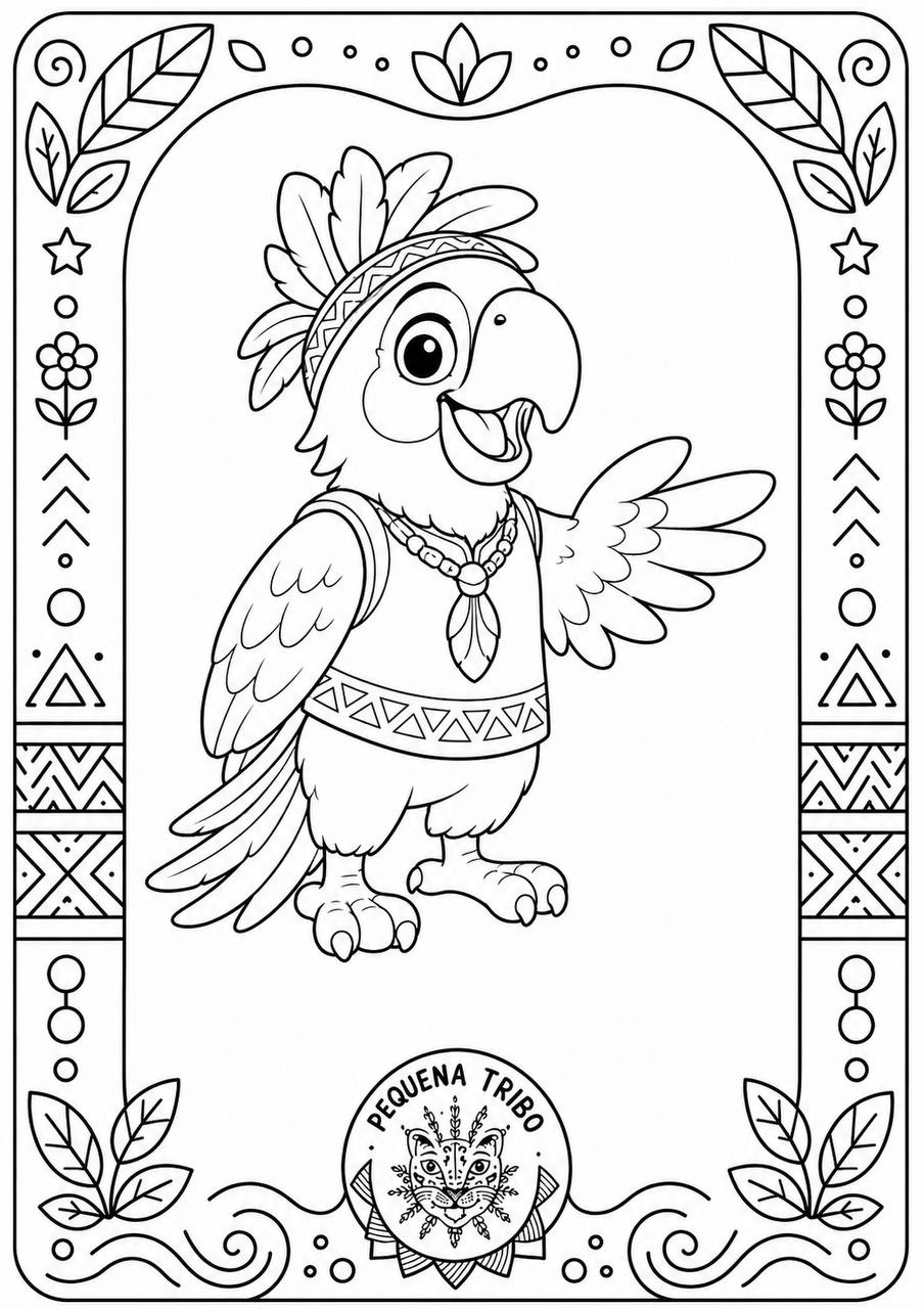 Desenho para colorir: Aruna Arara, a mascote guardiã da comunicação, com as asas abertas, numa moldura decorativa com estrelas e folhas