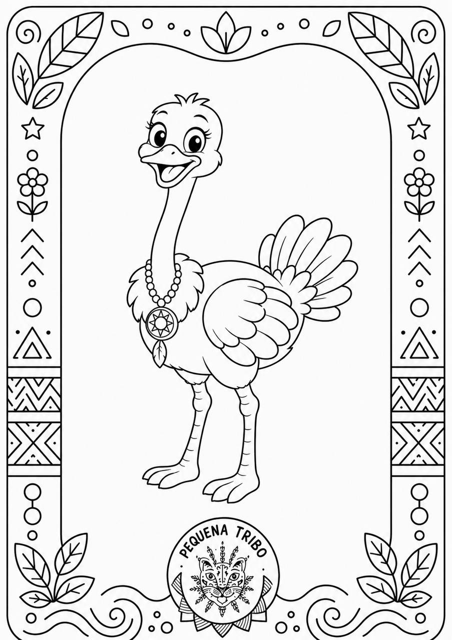 Desenho para colorir: uma avestruz de corpo inteiro com colar, numa moldura decorativa com estrelas e folhas