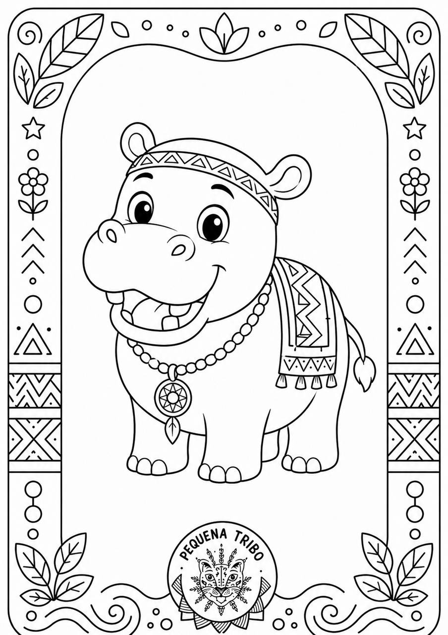 Desenho para colorir: um filhote de hipopótamo com cocar de penas e colar, numa moldura decorativa com estrelas e folhas