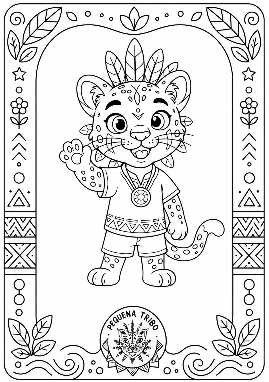 Desenho para colorir: Pequeno Jaguá, o mascote guardião e anfitrião da Pequena Tribo, acenando com a mão, numa moldura decorativa com estrelas e folhas