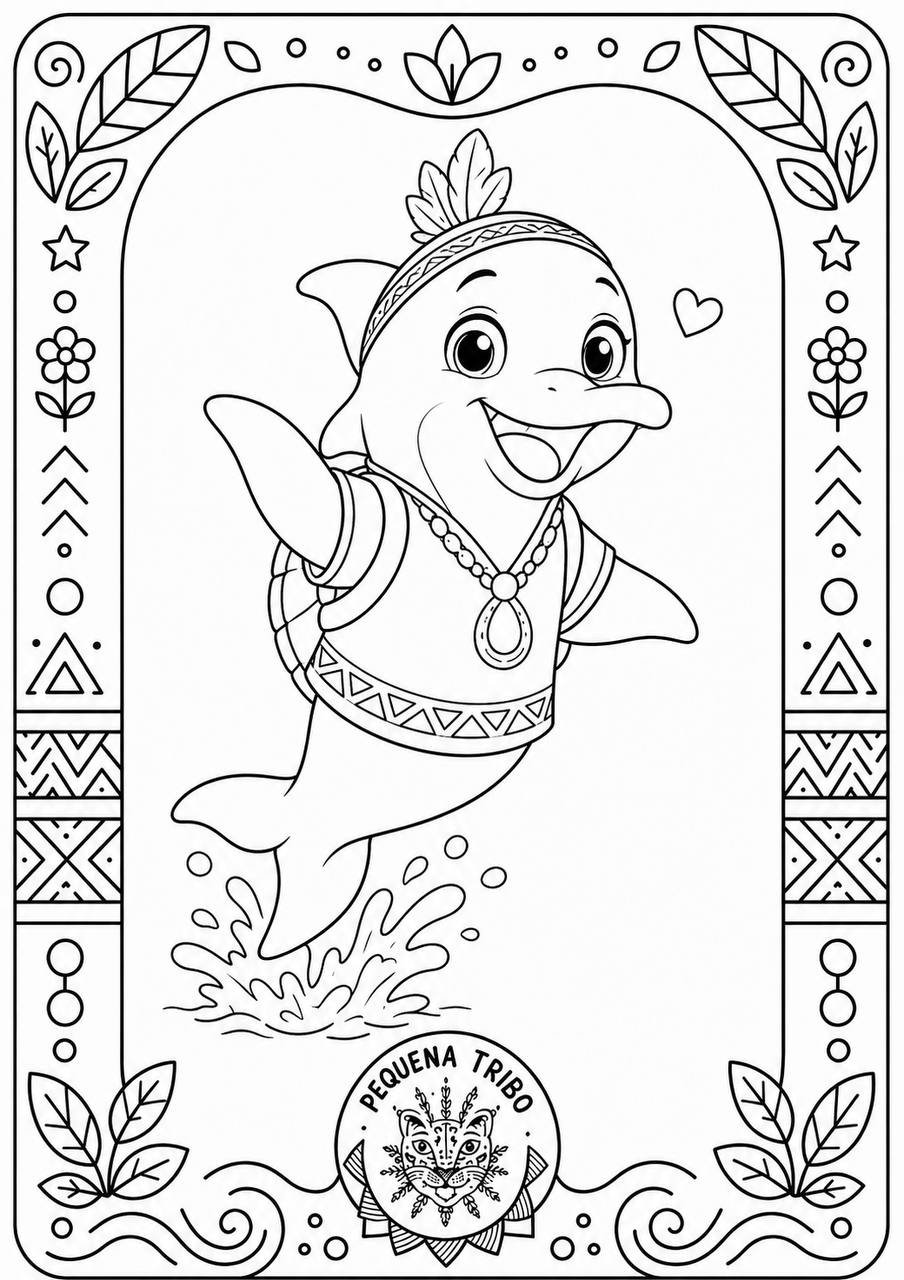Desenho para colorir: Ravi Boto, o mascote guardião das emoções e da empatia, saltando da água, numa moldura decorativa com estrelas e folhas