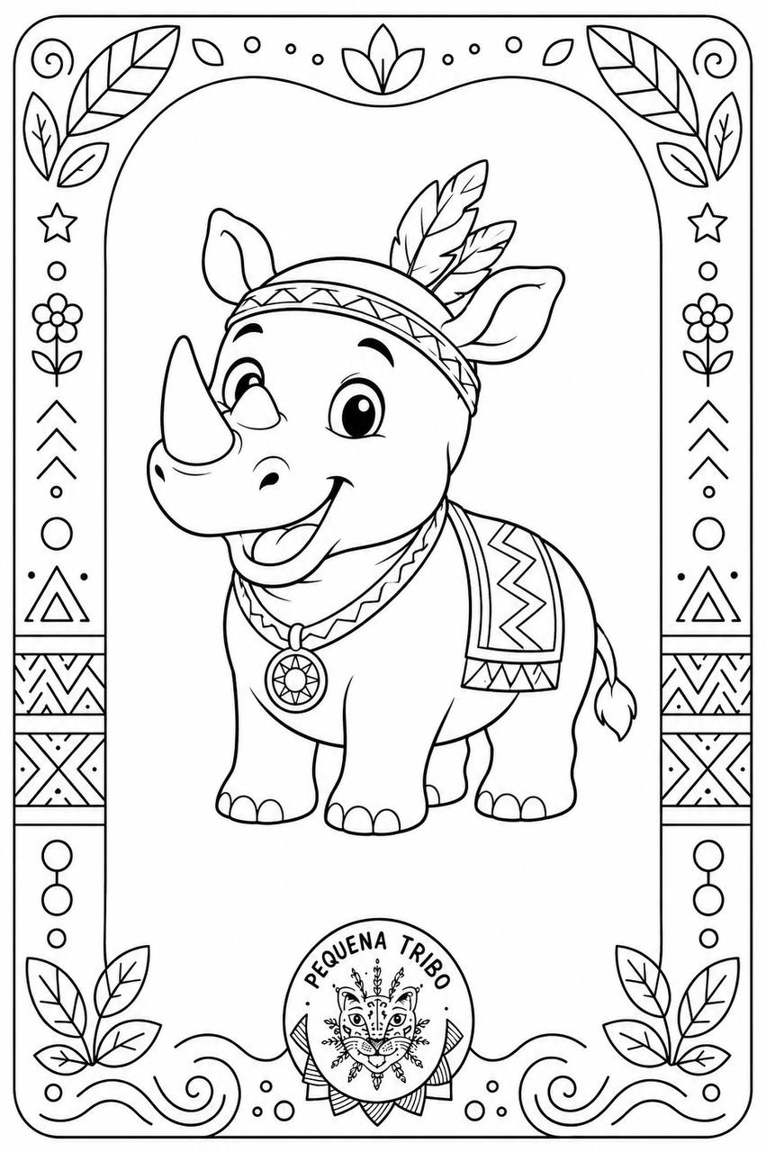 Desenho para colorir: um filhote de rinoceronte com cocar de penas e colar, numa moldura decorativa com estrelas e folhas